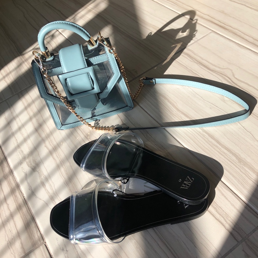 ZARA vinyl mini bag and flat sandals